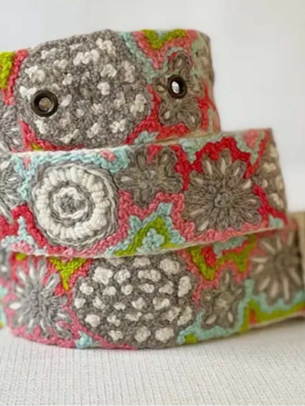 Embroidered Floral Crochet Belt in Gray, Coral & Mint size SMALL